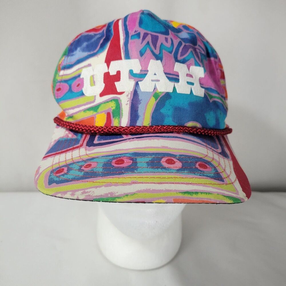 VINTAGE Rope Hat Adult Colorful UTAH Floral Abstract Loud Snapback 90s San Sun
